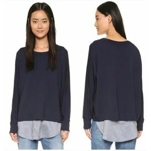 Vince Navy Blue Mixed Media Knit Chambray‎ Shirttail Long Sleeve Top Size Large